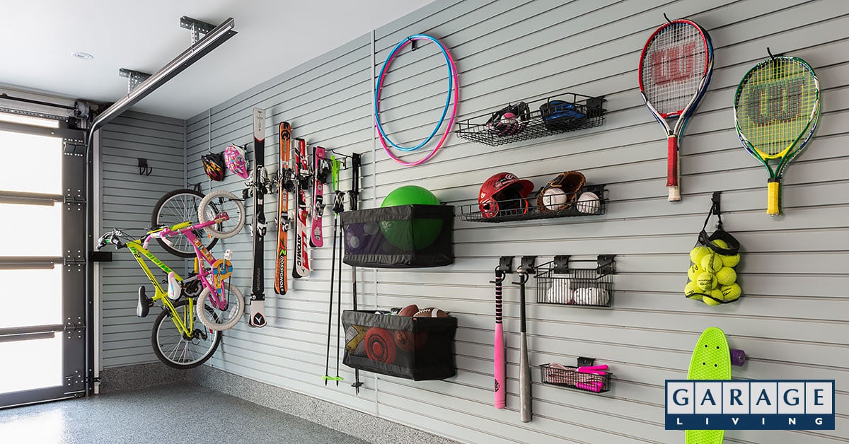 sports equipment storage on slatwall